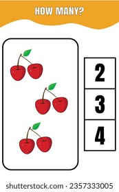 How many cherry are there? Educational math game for kids. Printable worksheet design for preschool or elementary kids.