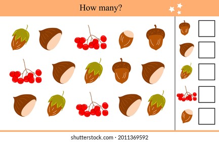 How many chestnuts, acorns, rowan berries and hazelnuts? Educational game for children. Autumn vector illustration