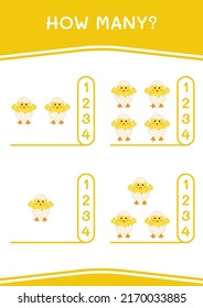 Cuántos de Chick, juegan para niños. Ilustración del vector, hoja de cálculo imprimible