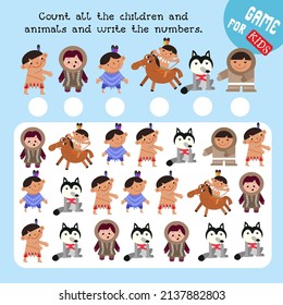 How many children, animals do you see here? Count and write numbers. Game for children. Math worksheet for kids. Vector color illustration.