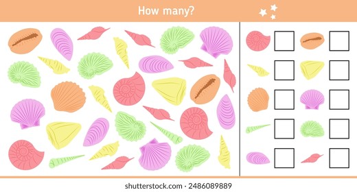 How many seashells? Children's educational game, logical task. Riddle, quiz for kids. Vector illustration