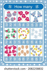 How Many! Childrens Winter Vector Template For Activities, Kindergarten. Christmas Toys And Gifts