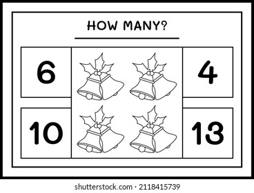 How many christmas bell, game for children. Vector illustration, printable worksheet