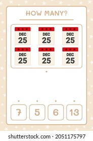 How many christmas calendar, game for children. Vector illustration, printable worksheet