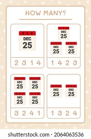 How many christmas calendar, game for children. Vector illustration, printable worksheet