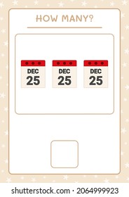 How many christmas calendar, game for children. Vector illustration, printable worksheet