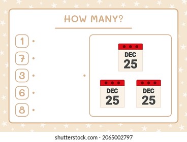 How many christmas calendar, game for children. Vector illustration, printable worksheet