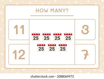 How many christmas calendar, game for children. Vector illustration, printable worksheet