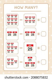 How many christmas calendar, game for children. Vector illustration, printable worksheet