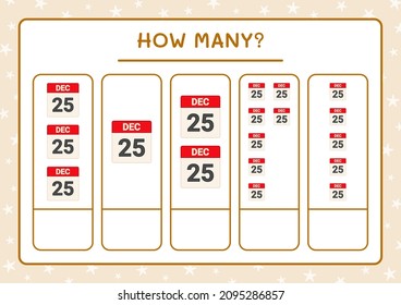 How many christmas calendar, game for children. Vector illustration, printable worksheet