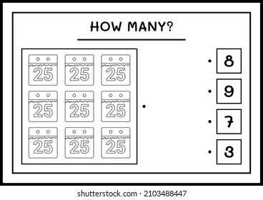 How many christmas calendar, game for children. Vector illustration, printable worksheet
