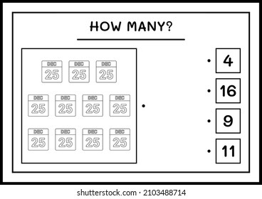 How many christmas calendar, game for children. Vector illustration, printable worksheet