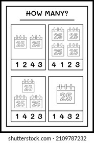 How many christmas calendar, game for children. Vector illustration, printable worksheet