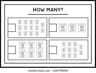 How many christmas calendar, game for children. Vector illustration, printable worksheet
