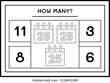 How many christmas calendar, game for children. Vector illustration, printable worksheet