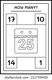 How many christmas calendar, game for children. Vector illustration, printable worksheet