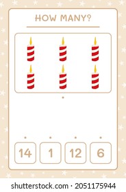 How many christmas candle, game for children. Vector illustration, printable worksheet