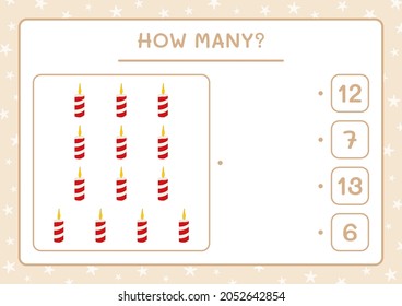 How many christmas candle, game for children. Vector illustration, printable worksheet