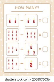 How many christmas candle, game for children. Vector illustration, printable worksheet