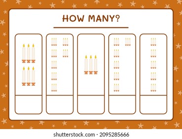 How many christmas candle, game for children. Vector illustration, printable worksheet