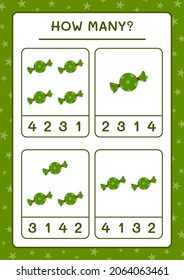 Cuántos dulces de navidad, juegos para niños. Ilustración del vector, hoja de cálculo imprimible