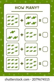 Cuántos dulces de navidad, juegos para niños. Ilustración del vector, hoja de cálculo imprimible