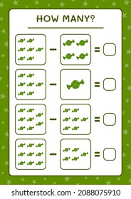 Cuántos dulces de navidad, juegos para niños. Ilustración del vector, hoja de cálculo imprimible