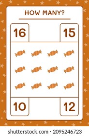 Cuántos dulces de navidad, juegos para niños. Ilustración del vector, hoja de cálculo imprimible