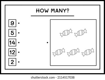 How many christmas candy, game for children. Vector illustration, printable worksheet