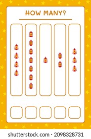 Cuántas linternas de navidad, juegos para niños. Ilustración del vector, hoja de cálculo imprimible
