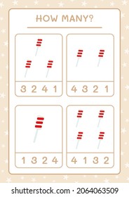 How many christmas lollipop, game for children. Vector illustration, printable worksheet