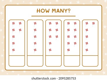 How many christmas lollipop, game for children. Vector illustration, printable worksheet