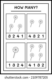 How many christmas lollipop, game for children. Vector illustration, printable worksheet