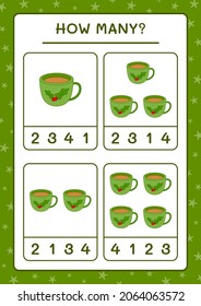How many christmas mug, game for children. Vector illustration, printable worksheet