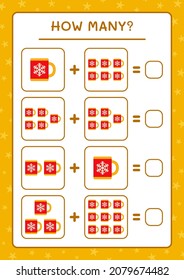 How many christmas mug, game for children. Vector illustration, printable worksheet
