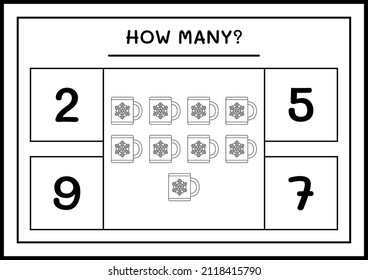 How many christmas mug, game for children. Vector illustration, printable worksheet