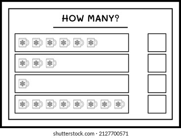 How many christmas mug, game for children. Vector illustration, printable worksheet