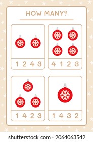 How many christmas ornament, game for children. Vector illustration, printable worksheet