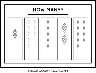 How many christmas ornament, game for children. Vector illustration, printable worksheet