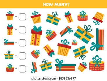 ¿Cuántas cajas de regalo de Navidad hay ahí? Juego educativo de matemáticas para niños.