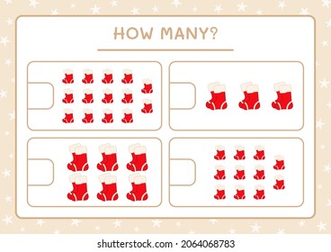 How many christmas sock, game for children. Vector illustration, printable worksheet