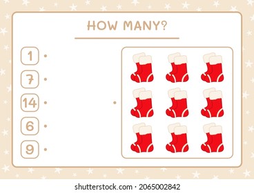 How many christmas sock, game for children. Vector illustration, printable worksheet