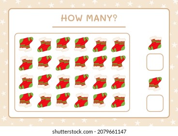 How many christmas sock, game for children. Vector illustration, printable worksheet