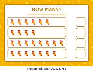 How many christmas sock, game for children. Vector illustration, printable worksheet