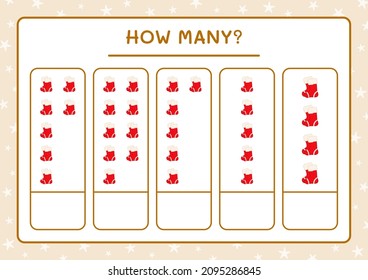 How many christmas sock, game for children. Vector illustration, printable worksheet