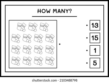 How many christmas sock, game for children. Vector illustration, printable worksheet