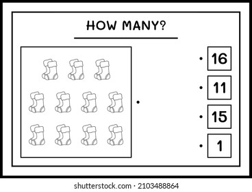 How many christmas sock, game for children. Vector illustration, printable worksheet