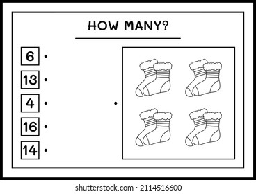How many christmas sock, game for children. Vector illustration, printable worksheet