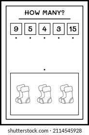 ¿Cuántos calcetines de navidad, juegos para niños? Ilustración del vector, hoja de cálculo imprimible