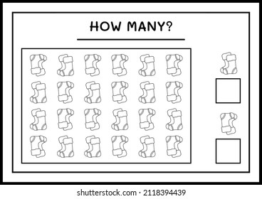 How many christmas sock, game for children. Vector illustration, printable worksheet
